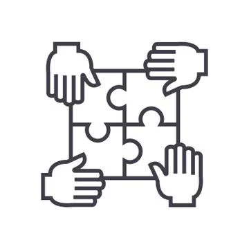 Puzzle with four hands,partnership vector line icon, sign, illustration on Stock Illustration
