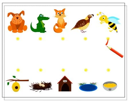 A puzzle game for children where is whose home. Guide the cartoon animals t.. Stock Illustration