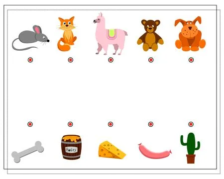 A puzzle game for kids. Where is whose food. Choose the right food for the .. Stock Illustration