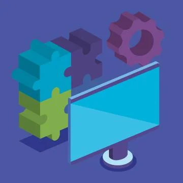 Puzzle game pieces with computer Stock Illustration