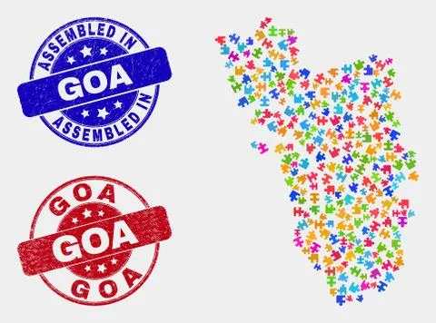 Puzzle Goa State Map and Scratched Assembled and Goa Seals Stock Illustration
