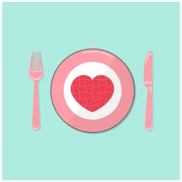 Puzzle heart on disk with fork and spoon. valentine 's day symbol. Stock Illustration