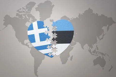 Puzzle heart with the national flag of estonia and greece on a world map ba.. Stock Illustration