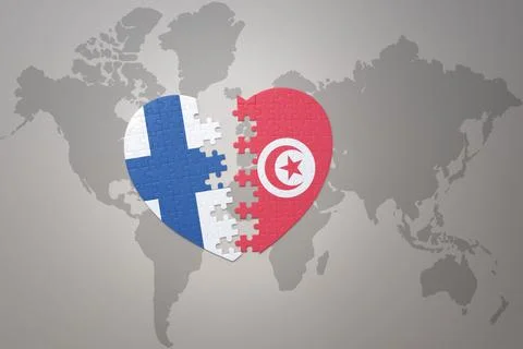 Puzzle heart with the national flag of tunisia and finland on a world map b.. Stock Illustration
