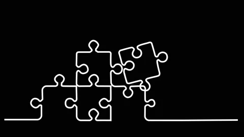 Puzzle, jigsaw pieces self drawing animation. Line art. Black background. Stock Footage 225599801