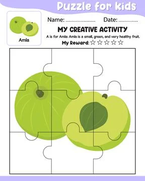 Puzzle for Kids with Amla Reference, Name Date, My Reward Cut Tear and Past.. Stock Illustration