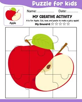 Puzzle for Kids with Apple Reference, Name Date, My Reward Cut Tear and Pas.. Stock Illustration