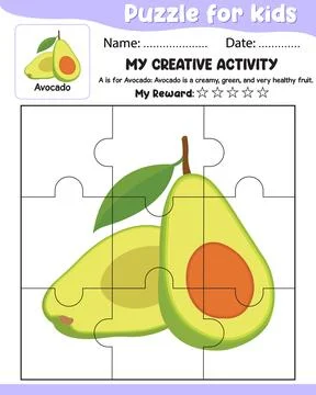 Puzzle for Kids with Avocado Reference, Name Date, My Reward Cut Tear and P.. 스톡 일러스트