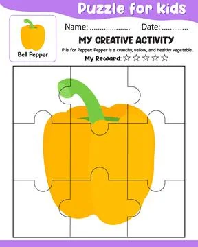 Puzzle for Kids with Bell Pepper Reference, Name Date, My Reward Cut Tear a.. 스톡 일러스트