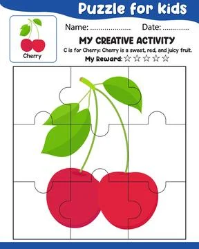Puzzle for Kids with Cherry Reference, Name Date, My Reward Cut Tear and Pa.. Stock Illustration