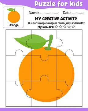 Puzzle for Kids with Orange Reference, Name Date, My Reward Cut Tear and Pa.. Stock Illustration