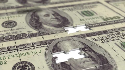 Puzzle making  of 100 dollar banknotes. Business 3d animation. Stock Footage 104728399