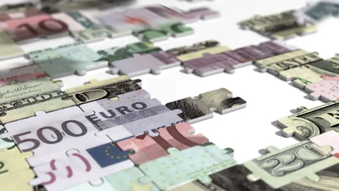 Puzzle making of different nomination dollar, euro paper money. Stock Footage 104783442
