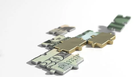 Puzzle making of different nomination dollar, euro paper money and gold bars. Stock Footage 104861613