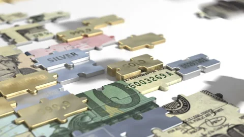 Puzzle making of different nomination dollar, euro money, silver  and gold Stock Footage