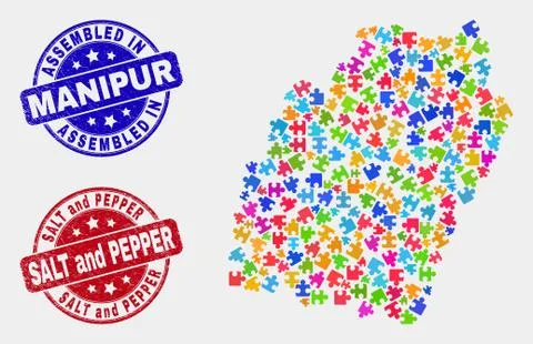 Puzzle Manipur State Map and Grunge Assembled and Salt and Pepper Watermarks 스톡 일러스트