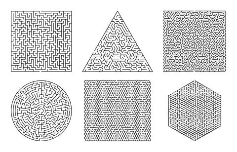 Puzzle maze set in square, triangle, and circular geometric shapes vector Stock Illustration