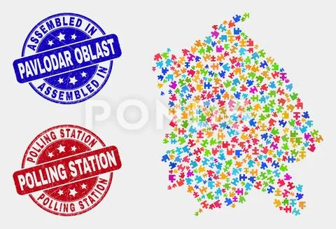 Puzzle Pavlodar Region Map and Grunge Assembled and Polling Station Watermarks Stock Illustration