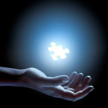Puzzle, piece and abstract solution in hand for problem solving, challenge and Stock Photos