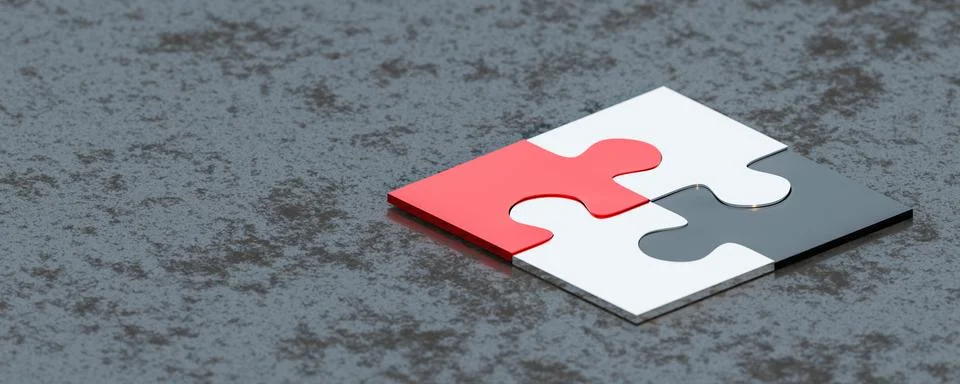 Puzzle piece assembly 3d render illustration with metal parts and concrete dark Stock Illustration
