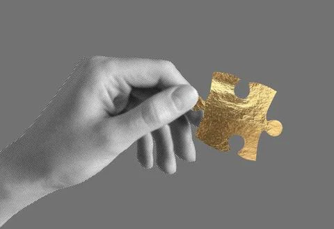 Puzzle piece concept symbolizing problem solving and success. holding a golde Stock Photos