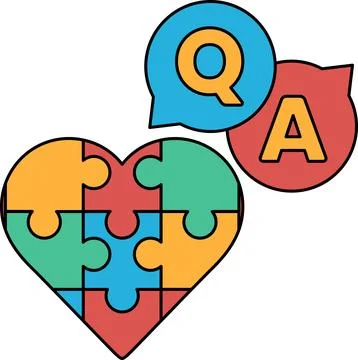 A puzzle piece heart with a question mark and an A above it Stock Illustration