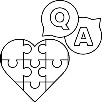 A puzzle piece heart with a question mark and an A above it Stock Illustration