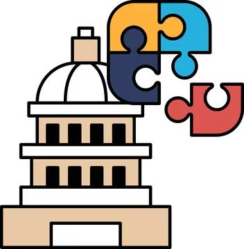 A puzzle piece is shown above a building that has a dome on top Ilustración de archivo