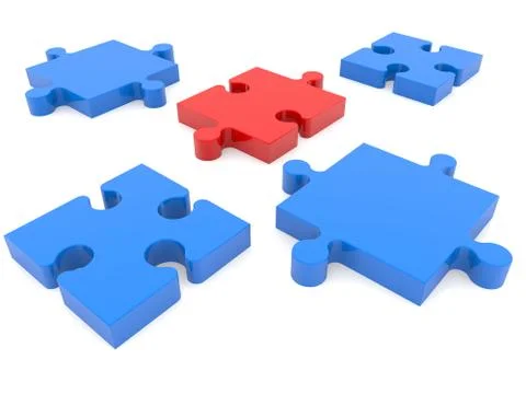 Puzzle pieces in blue with one red missing between Stock Illustration