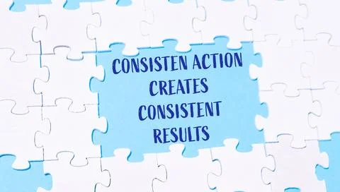 Puzzle pieces with Consistent action creates consistent results text Stock Photos
