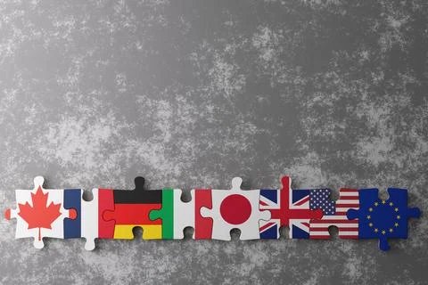 Puzzle pieces display flags of Canada, Germany, Italy, Japan, the United King Stock Illustration