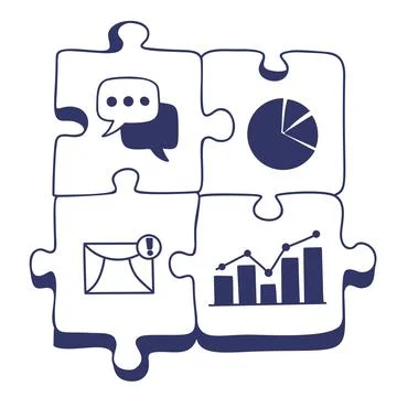 Puzzle Pieces Doodle With Communication, Pie Chart, Email And Business Anal.. Stock Illustration