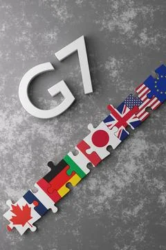 Puzzle pieces featuring flags of G7 nations are arranged sequentially, highli Stock Illustration