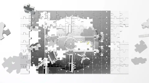 Puzzle pieces fly in and create a bank vault which opens animation Vídeos de archivo 41869817