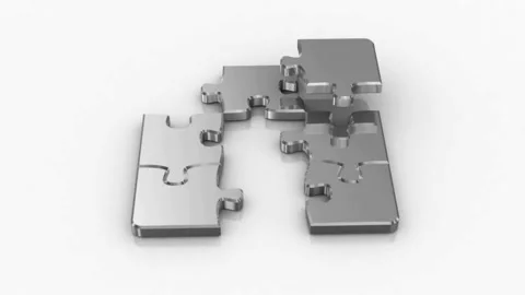 Puzzle pieces made with metal, wireframe style, concept of teamwork, Video stock 336248269