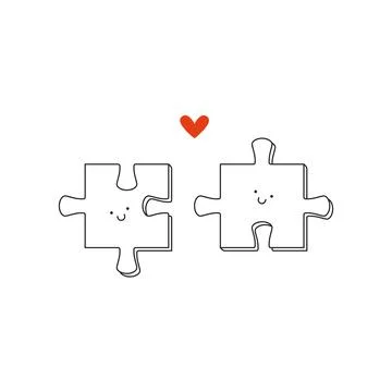 Puzzle pieces match. Abstract line jigsaw details couple in love metaphor, cute Stock Illustration
