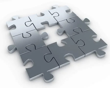 Puzzle pieces, with a missing piece in the middle Stock Illustration