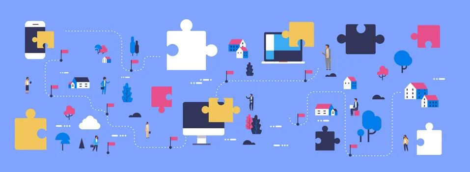 Puzzle pieces problem solution concept jigsaw parts isometric map blue イラスト素材