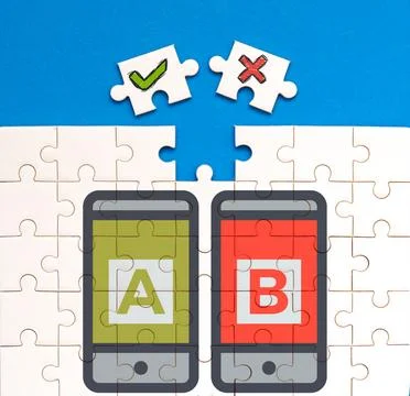 Puzzle pieces representing AB tests on mobile devices with check and cross .. Illustrazione stock