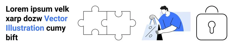 Puzzle pieces representing problem-solving, man shopping online symbolizing e Stock Illustration