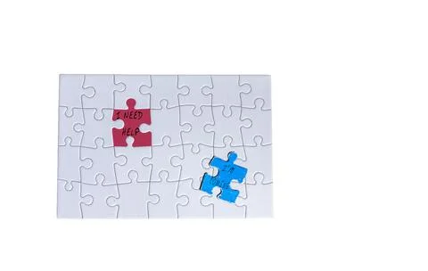 Puzzle Pieces on a Table With Messages Asking for Help and Indicating Confusi Fotos Stock