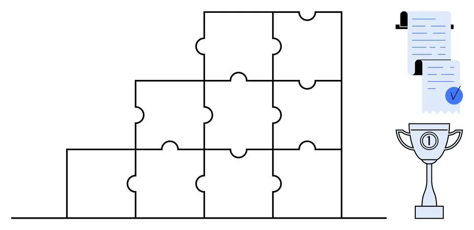 Puzzle Pieces with Trophy and Document for Achievement and Success Stock Illustration