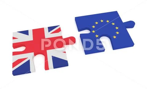 Puzzle Pieces Union Jack and EU Flag, 3d illustration Stock Illustration