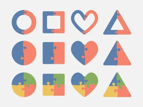 Puzzle Shape Circle, Square, Heart, Triangle. Stock Illustration