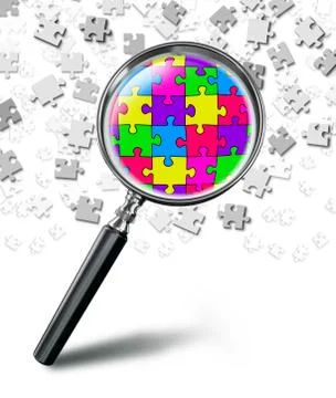 Puzzle solution concept with magnifying glass on white background Stock Illustration