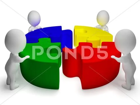 Puzzle solved and 3d characters shows unity and cooperation Stock Illustration