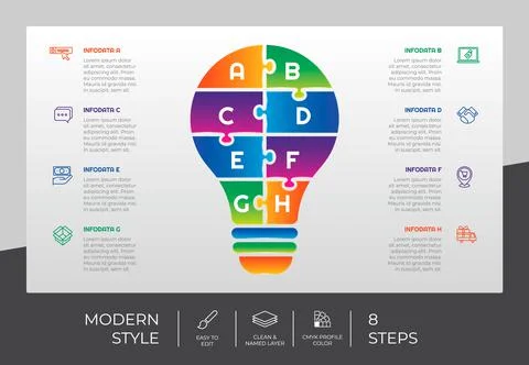 Puzzle step infographic vector design with 8 steps &amp; colorful style for prese Stock Illustration