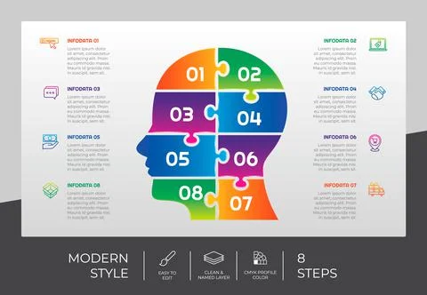 Puzzle step infographic vector design with 8 steps &amp; colorful style for prese 스톡 일러스트