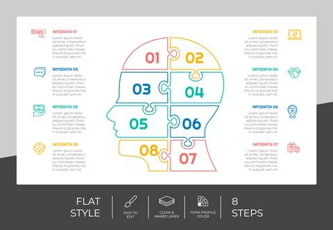 Puzzle step infographic vector design with 8 steps &amp; colorful style for prese Stock Illustration