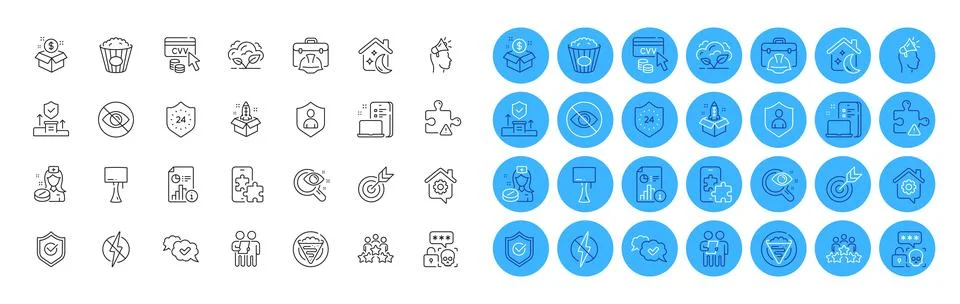 Puzzle, Table lamp and Work home line icons pack. For web app. Color icon Stock-Illustration